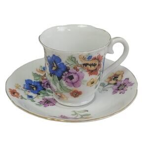 Vintage Made in Japan Ceramic Gold Rim Blue Pink Floral Teacup Saucer Set